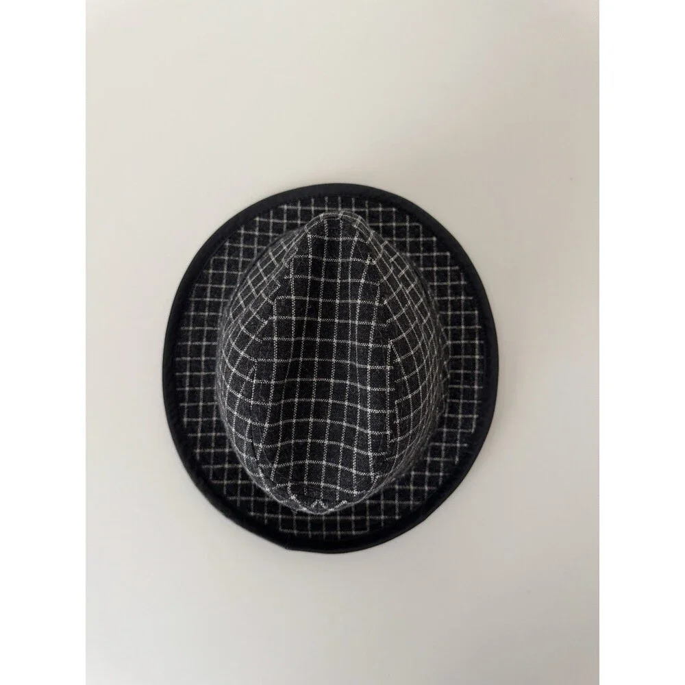 Perry Ellis Fedora Trilby Hat S/M Black Gray Plaid Wool Blend